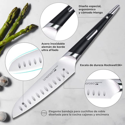 Linoroso Santoku Knife - Ultra Sharp German High-Carbon Stainless Steel, 6 inch - Mako Series with Exquisite In-Drawer Knife Block