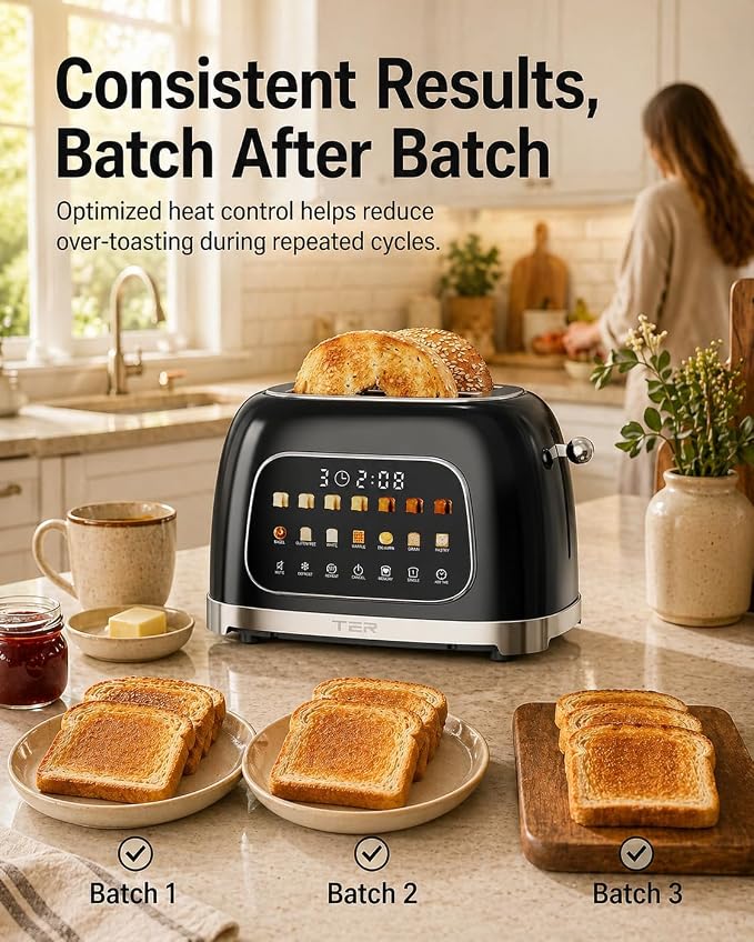 Toaster 2 Slice, Touch Screen Wide Slot Retro Toaster for Bagel & Thick Breads, Stainless Steel Smart Digital Toasters, 7 Bread Modes & 7 Browning Levels, Mute Mode, Memory, Defrost & Reheat, Black
