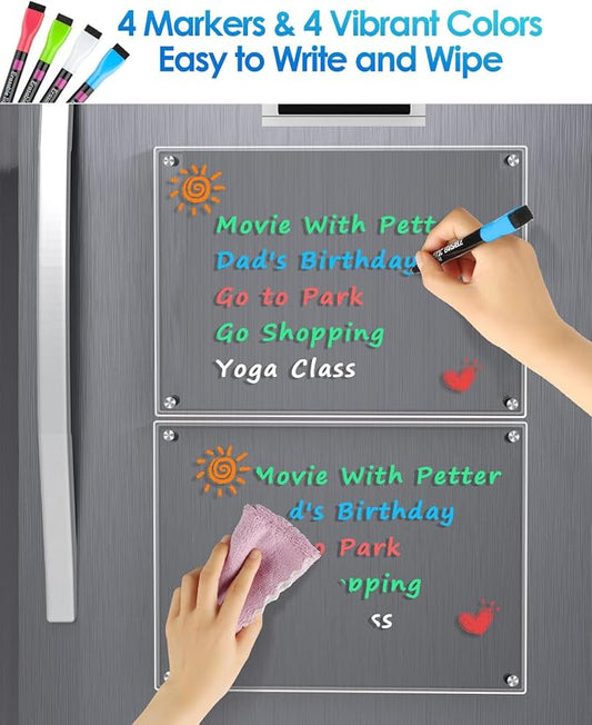 MaxGear 16"x12" Clear Acrylic Magnetic Whiteboard Fridge Dry Erase Board with 4 Markers and 1 Cloth, Reusable Kitchen Refrigerator Blank Memo Meal Planner to-Do List Grocery List Pad for Home Planner