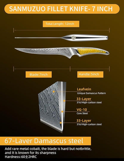 7 inch Fillet Knife, Japanese VG-10 Damascus Steel Kitchen Fish Boning Knife, Ultra Sharp, Full-tang Handle in Yellow Resin, LA-S9 Series