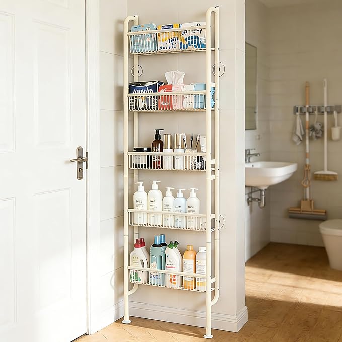 Behind The Door Narrow Bookshelves Pantry Spice Rack 5-Tier Slim Metal Space-Saving Organizer for Bathroom Closet Kitchen Living Room Sturdy Room Laundry Room, White