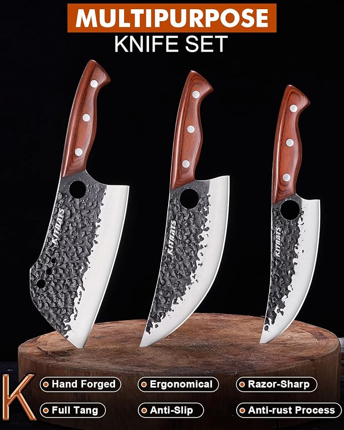 3PCS Butcher Knife Set, Razor Sharp Hand Forged Meat Cleaver & Boning Knives for Meat & Bone Cutting, Kitchen Knives for Cooking BBQ, Gift for Men & Women