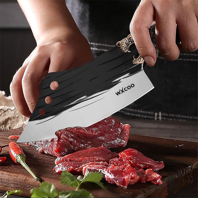 5PCS Butcher Knife Set for Chef, Butchering, Meat Processing, BBQ Cutting and Fillet, High Carbon Steel Hand Forged Knives, Cleaver & Bone Chopper, Dragon Bolster, Wood-Grain Handle - Bronze