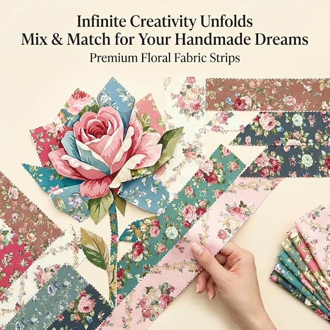 42 Pcs Jelly Roll Fabric Strips for Quilting Fabrics, Sewing Supplies DIY Crafts 2.6 Inch Precut Cotton Fabric Bundles with Wavy Edges, Floral Rose Patchwork