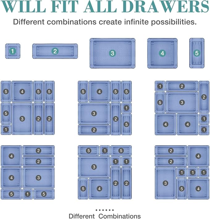 StorMiracle 10 PCS Drawer Organizer Set, 5 Varied Size Bathroom and kitchen Drawer cabinet organizer Trays, Clear Storage Bins for Makeup, Jewelry, Utensils and Gadgets, Dark Blue