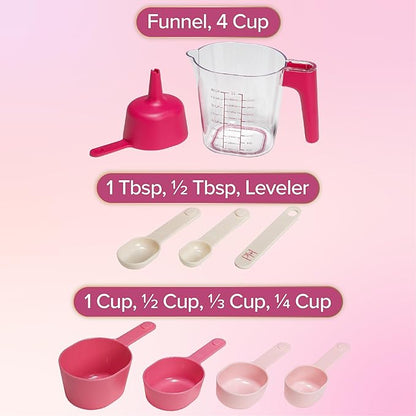 Paris Hilton 9-Piece Measuring Set, Durable Plastic Measuring Cups and Spoons With Funnel and Leveler, Dishwasher Safe, Pink