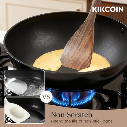Kikcoin 7 PCS Durable Natural Teak Wooden Cooking Utensils Set, Non Toxic Wooden Spoons for Cooking, Wooden Utensil Set for Cooking with Comfort Grip, Nonstick & Easy to Clean Wood Kitchen Utensil Set