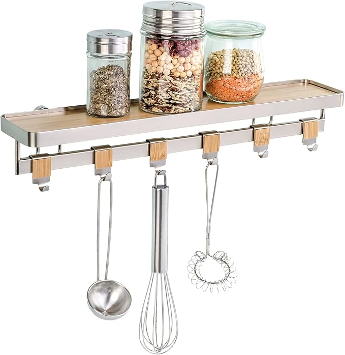 WENKO Spice Rack Organizer, Wall Mount Spice Shelf, Hanging Spice Holder for Kitchen, Seasoning Organizer, Spice Rack over the Stove, Made of Bamboo and Metal, 15.7 x 2.2 x 3.1 in