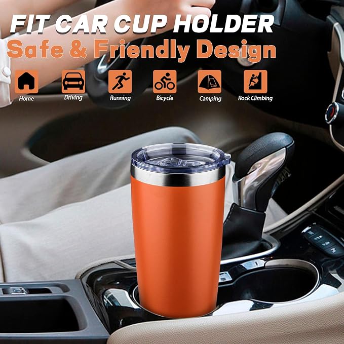 20 oz Tumbler with Lids and Straws, Stainless Steel Insulated Coffee Tumbler, Double Wall Vacuum Insulated Travel Mug Cup, Leakproof Thermal Coffee Cup for Hot and Cold Drinks (Orange)