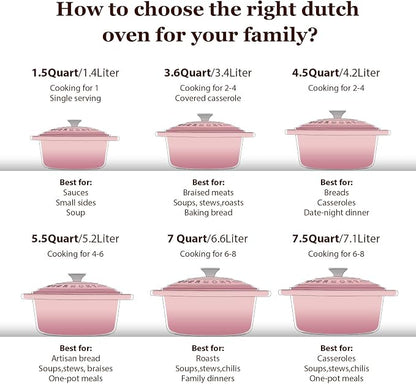 Overmont Enameled Cast Iron Dutch Oven - 4.5QT Pot with Lid Cookbook & Cotton Potholders - Heavy-Duty Cookware for Braising, Stews, Roasting, Sourdough Baking pink