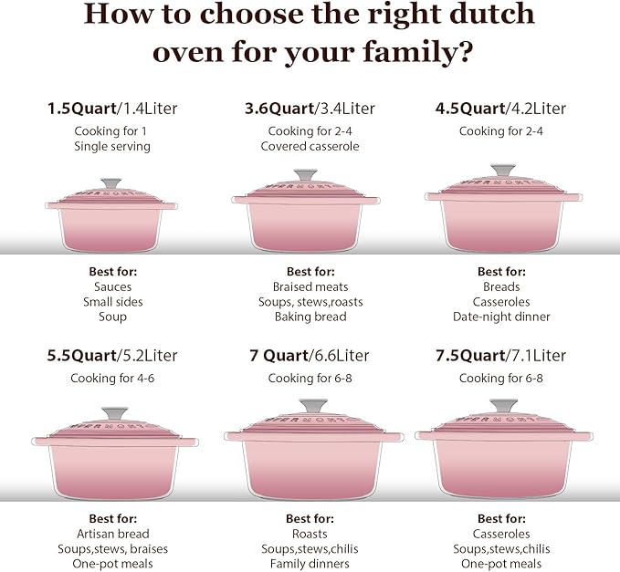 Overmont Enameled Cast Iron Dutch Oven - 5.5QT Pot with Lid Cookbook & Cotton Potholders - Heavy-Duty Cookware for Braising, Stews, Roasting, Sourdough Baking pink