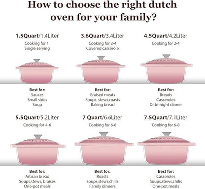 Overmont Enameled Cast Iron Dutch Oven - 5.5QT Pot with Lid Cookbook & Cotton Potholders - Heavy-Duty Cookware for Braising, Stews, Roasting, Sourdough Baking pink