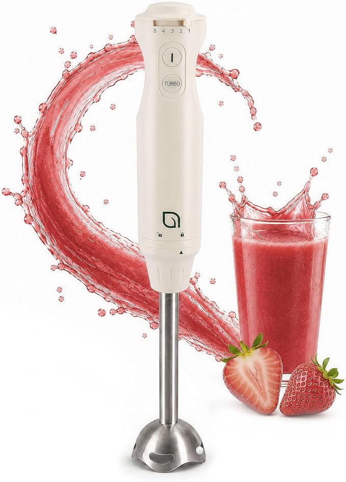 WILLOW Eco Series 5 Speed Immersion Blender Handheld, Powerful yet Quiet 500 Watt Electric Stick Blender with Turbo Mode & Removable Base, Hand Blender for Soup, Smoothie, 304 Stainless Steel - WHITE