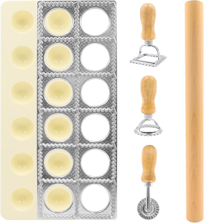 Ravioli Cutter Mold Pasta Dumpling Gnocchi Press Maker Handmade 5 PCS Ravioli Making Tool Kit Pasta Attachment Cutter Wheel Ravioli Stamp w/Wood Rolling Pin