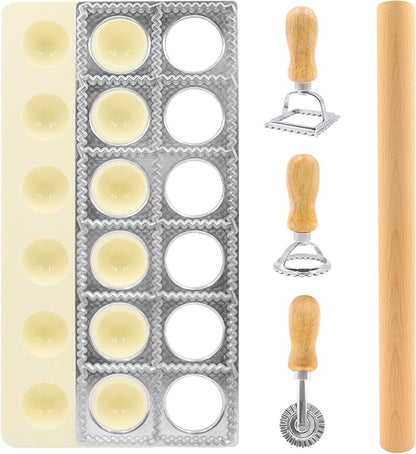 Ravioli Cutter Mold Pasta Dumpling Gnocchi Press Maker Handmade 5 PCS Ravioli Making Tool Kit Pasta Attachment Cutter Wheel Ravioli Stamp w/Wood Rolling Pin