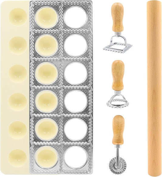 Ravioli Cutter Mold Pasta Dumpling Gnocchi Press Maker Handmade 5 PCS Ravioli Making Tool Kit Pasta Attachment Cutter Wheel Ravioli Stamp w/Wood Rolling Pin