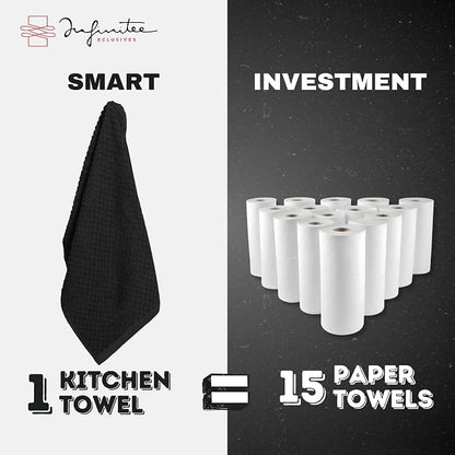 Infinitee Xclusives Premium Kitchen Towels – Pack of 3, 100% Cotton |15 x 25| Inches Absorbent Dish Towels - Terry Kitchen Dishcloth Towels - Black Dish Cloth for Household Cleaning