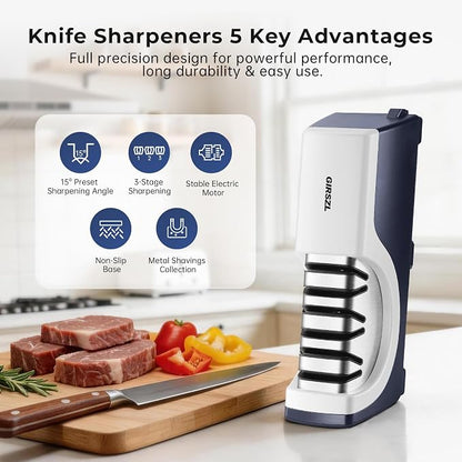Kitchen Professional Electric Knife Sharpener: 3-Stage 100% Diamond Knife Sharpeners - 15° Precision Electric Sharpening Tool to Restore & Polish Chef Knives | Ideal Gift for Chefs & Dads