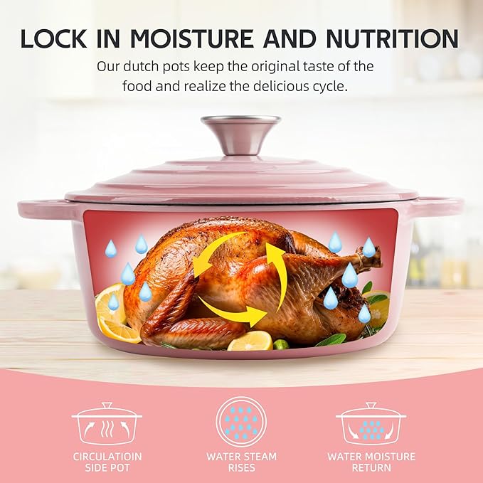 4 Quart Dutch Oven Enameled Cast Iron with Lid - Big Dual Handles - Oven Safe up to 500°F - Classic Round Pot for Versatile Cooking Pink
