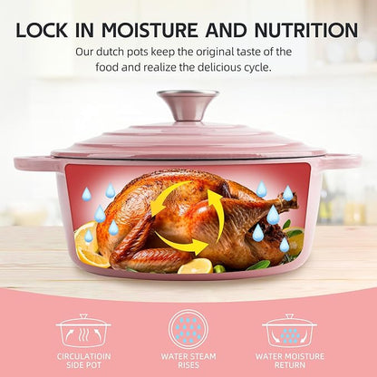 4 Quart Dutch Oven Enameled Cast Iron with Lid - Big Dual Handles - Oven Safe up to 500°F - Classic Round Pot for Versatile Cooking Pink