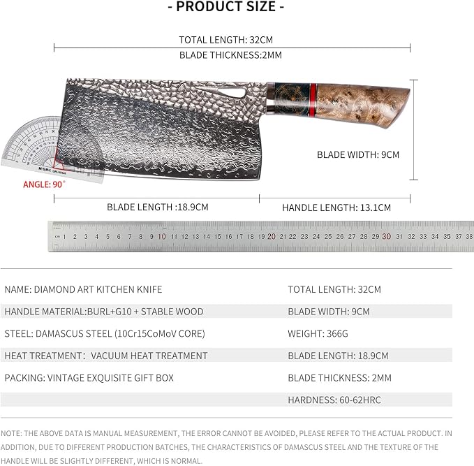 Damascus Kitchen Chinese Cleaver,7.5in Professional Handmade Chopping Chopper Knives with Burl Stabilized Wood Handle for Meat and Vegetable in Home&Restaurant