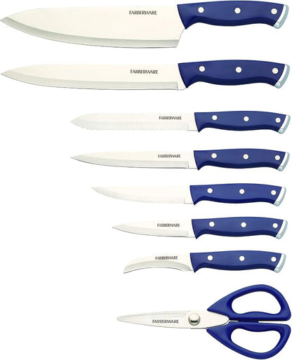 Farberware Edgekeeper Triple Riveted Slim Knife Block Set with Built in Sharpener, 14-Piece, Navy