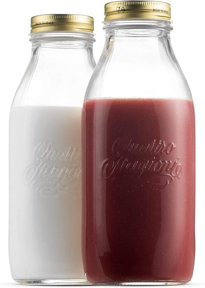Bormioli Rocco Quattro Stagioni Glass Milk Bottle 33.75 Ounce/1 Liter with Airtight Lid, Great For Kombucha Brewing Bottle, Beer, Homemade Juicing, Smoothies, Beverages, Durable Construction. (6 Pack)
