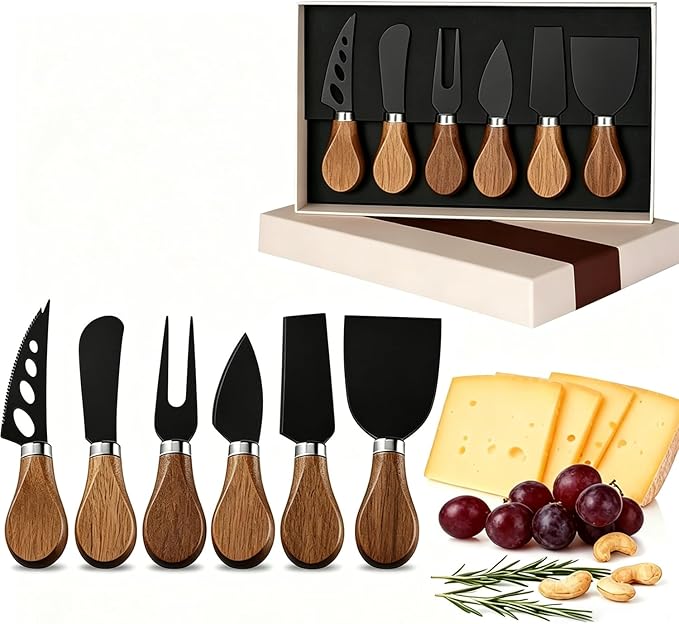 6 Piece Cheese Knives Set with Wooden Handle, Mini Steel Stainless Cheese knife set for Charcuterie and Cheese spread, Perfect for Cheese Slicer and Butter Cutter (Acacia-Black Box)