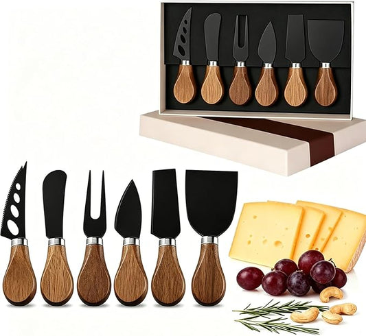 6 Piece Cheese Knives Set with Wooden Handle, Mini Steel Stainless Cheese knife set for Charcuterie and Cheese spread, Perfect for Cheese Slicer and Butter Cutter (Acacia-Black Box)