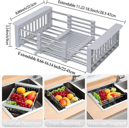 Dish Drying Rack, Adjustable Stainless Steel Drainer Basket Drain Tray for Dishes, Vegetables, and Fruit, On or in Sink Kitchen Basket Dish Drying Rack-Grey