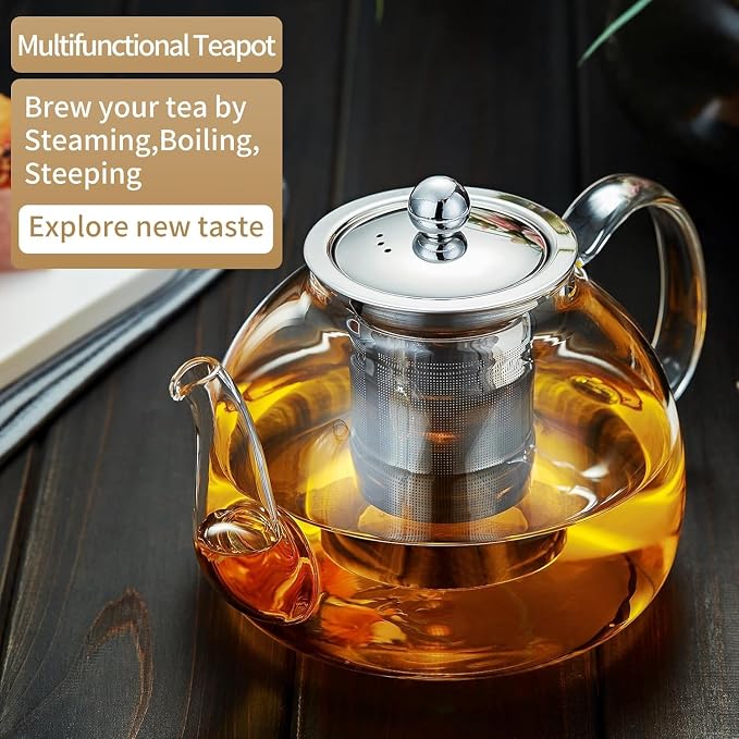 DOPUDO 24 Pack 40OZ (1200ML) Glass Teapot with Infuser Stovetop Safe, Clear Glass Tea Pot Kettle, Borosilicate Tea Pot with Infusers Filter for Loose Tea, Tea Kettle Dishwasher Safe