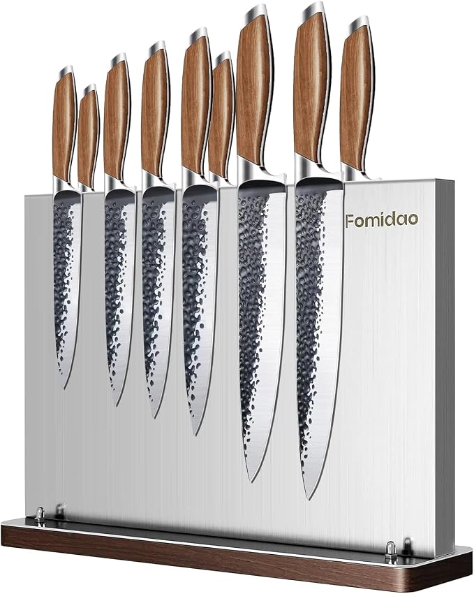 Magnetic Knife Block Without Knives,Stainless Steel Magnetic Knife Holder Rack for Kitchen Counter,Strong Double Sided Magnet Knife Storage Stand with Wood Base