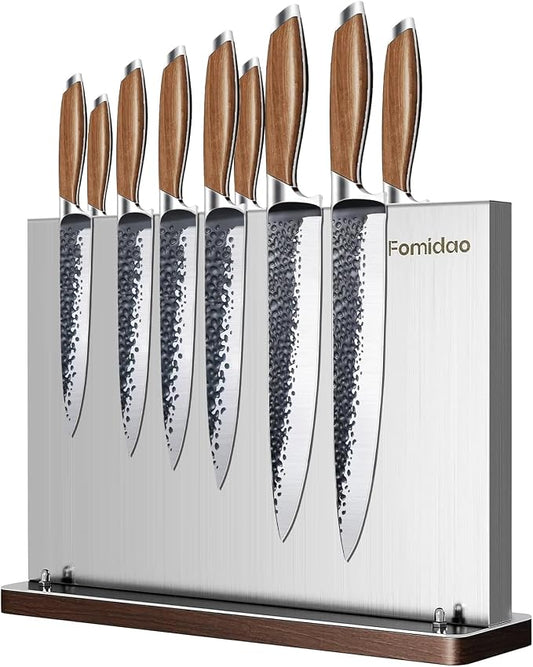 Magnetic Knife Block Without Knives,Stainless Steel Magnetic Knife Holder Rack for Kitchen Counter,Strong Double Sided Magnet Knife Storage Stand with Wood Base