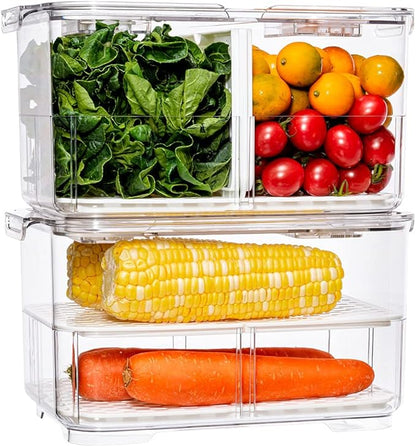 SANNO Fridge Food Storage Container Storage Containers, Produce Saver with Lids and Vents,Vegetable Fruit Storage Containers Stackable Salad Lettuce Keeper for Refrigerator，set of 2