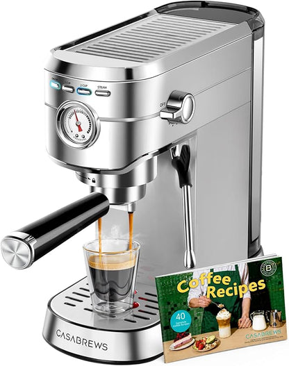 CASABREWS CM5418 Espresso Machine 20 Bar, Compact Espresso Maker with Steam Milk Frother, Stainless Steel Coffee Machine with 34oz Removable Water Tank for Cappuccino, Small Latte Machine, Silver