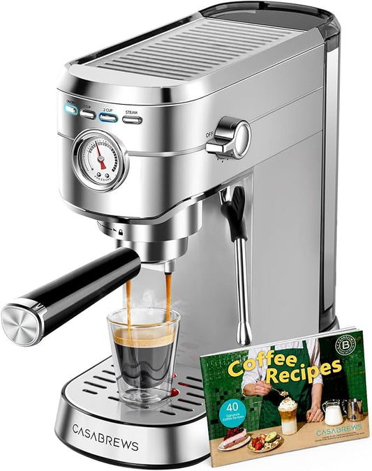 CASABREWS CM5418 Espresso Machine 20 Bar, Compact Espresso Maker with Steam Milk Frother, Stainless Steel Coffee Machine with 34oz Removable Water Tank for Cappuccino, Small Latte Machine, Silver