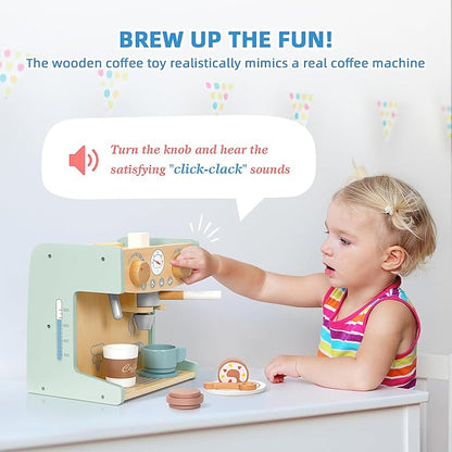 OOOK 2-in-1 Wooden Coffee Maker Set for Kids, 28Pcs Pretend Play Coffee Shop Toys with Play Kitchen Accessories & Food Toys, Birthday Gift for Girls Boys Age 3+