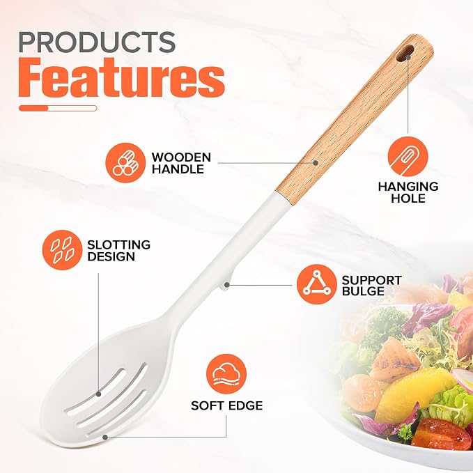 Large Silicone Slotted Spoon&Spoon with Wooden Handle for Nonstick Cookware,Kitchen Cooking Spoons for Mixing, Serving& Stirring,Heat-Resistant Utensils Spoon Set of 2,BPA Free (White)