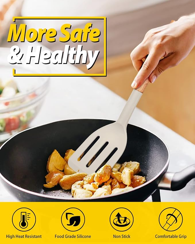 Pack of 2 Silicone Cooking Spatula, Heat Resistant Solid Turner, Non Stick Slotted Spatulas with Wooden Short Handle,Ideal Wood Kitchen Utensils Set for Frying, Baking, Flipping, Turning