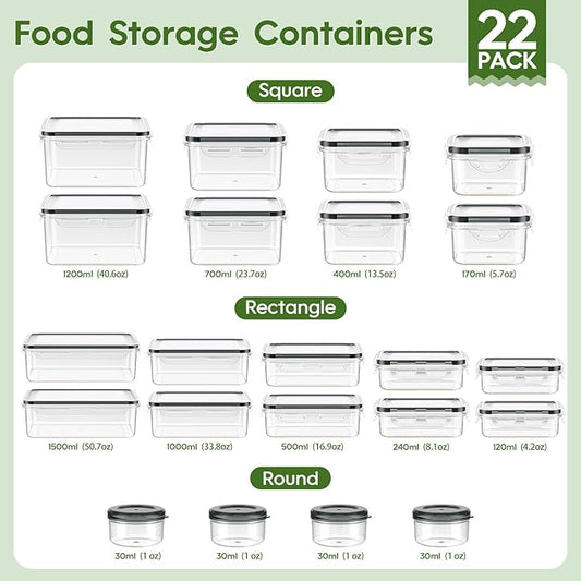 KEMETHY 44-Piece Food Storage Containers with Lids(22 Containers & 22 Lids), Plastic Food Containers for Pantry & Kitchen Storage and Organization, BPA-Free, Leak Proof, Reusable with Labels & Pen