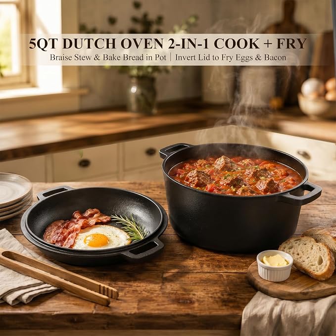 QuliMetal 6 Piece Cast Iron Cookware Set with Dutch Oven | Includes 11 in grill pan, 12 in skillet, 5QT Dutch oven, 3.2QT Dutch oven and 1.6QT skillet lid for home cooking.