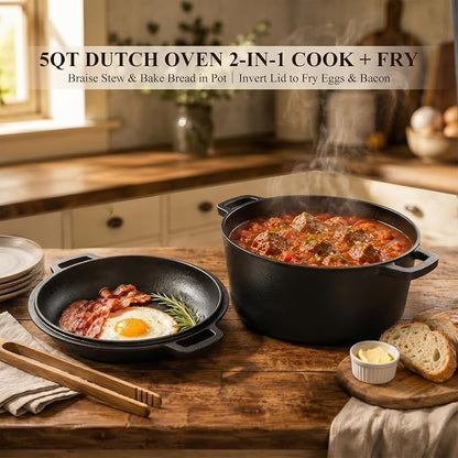 QuliMetal 6 Piece Cast Iron Cookware Set with Dutch Oven | Includes 11 in grill pan, 12 in skillet, 5QT Dutch oven, 3.2QT Dutch oven and 1.6QT skillet lid for home cooking.