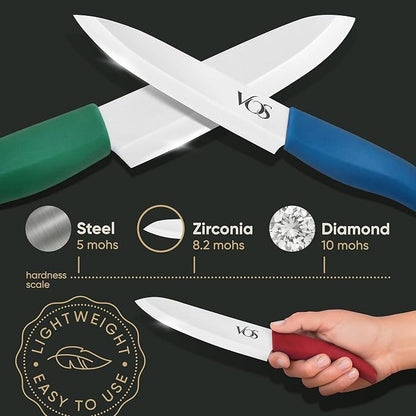 Vos Ceramic Knife Set with Block, Ceramic Knives Set For Kitchen, Ultra Sharp Kitchen Knife Set with Covers, 3" 4" 5" 6" Chef Knife, Utility, Paring & versatile, Light & Dishwasher safe (Multi-Color)