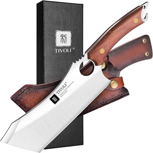 TIVOLI Meat Cleaver Knife Japanese Kitchen Vegetable Knife Sharp Meat Chopper Forged In Fire Full Tang Cleaver Knives with Sheath Bottle Opener for Outdoor Camping Men Women