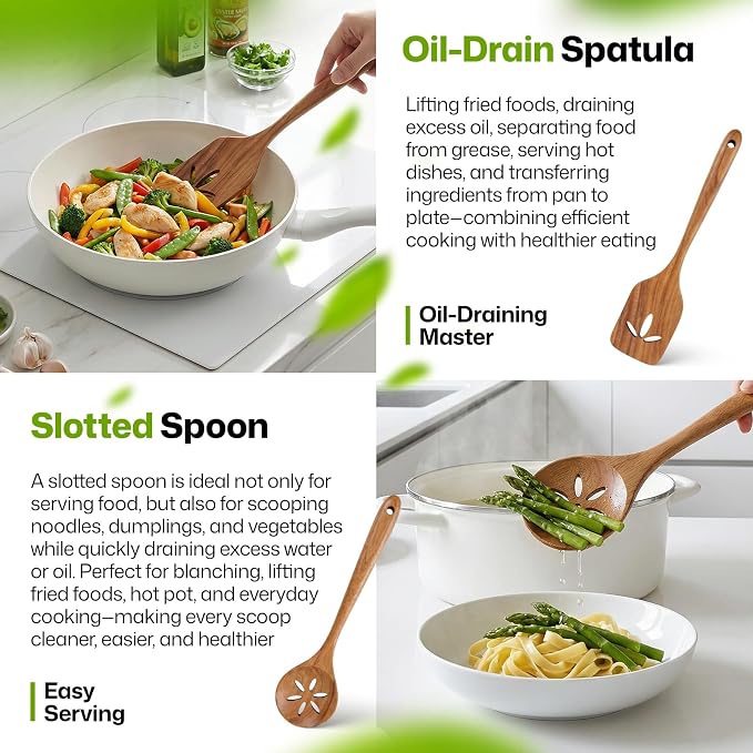 AIUHI Wooden Kitchen Utensil Set, Complete 33-Piece Wooden Cooking Utensil Set with Spoons, Spatulas, Measuring Tools & Storage, Non-Stick Safe Wooden Utensils for Kitchen