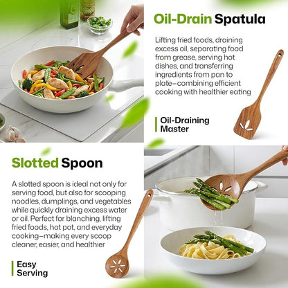AIUHI Wooden Kitchen Utensil Set, Complete 33-Piece Wooden Cooking Utensil Set with Spoons, Spatulas, Measuring Tools & Storage, Non-Stick Safe Wooden Utensils for Kitchen