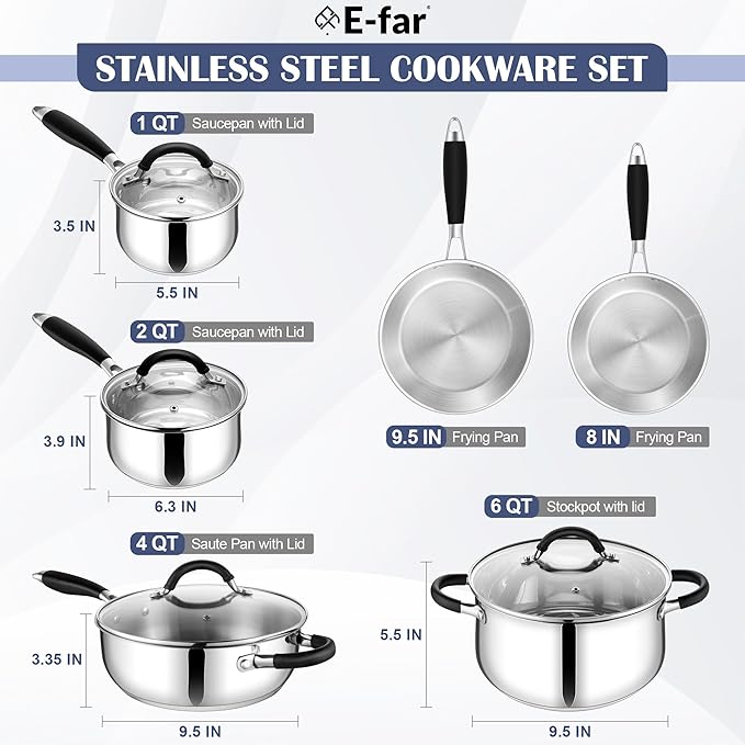 E-far Stainless Steel Cookware Set - Induction Tri-Ply Base Pots and Pans, 10-Piece Non-Toxic Kitchen Cooking Set w/Stay-Cool Handle, Frying Pans, Saucepans, Stockpot with lid, Oven & Dishwasher Safe