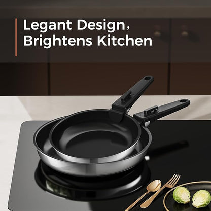 16PCS Pots and Pans Set Non Stick, Diamond-Titanium Ceramic Cookware Set & 3 Layer Stainless Steel with Detachable Handle, Induction Cookware, Non Toxic Oven/Dishwasher Safe, Black