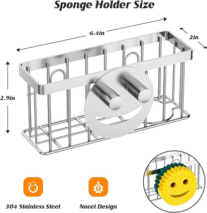MURLONG Sponge Holder Smiley Face,Sink Caddy for Kitchen Sink,Sponge Holder with 2 PCS Suction Cups/1 PCS Adhesive Strips,Designed for Sponge,Soap,Dish Brush,Scrubber-Silver