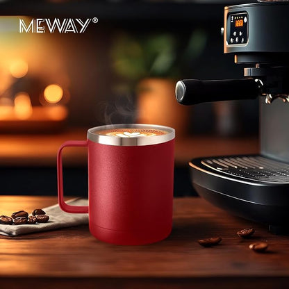 MEWAY 12oz Coffee Mug With Handle 4 Pack Bulk,Stainless Steel Insulated Travel Tumblers With Sliding Lid,Double Wall Vacuum Camping Cup for Hot & Cold Drinks Tea (Red,Set of 4)